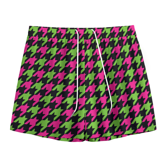 Pink And Green Houndstooth Pattern Print Mesh Shorts