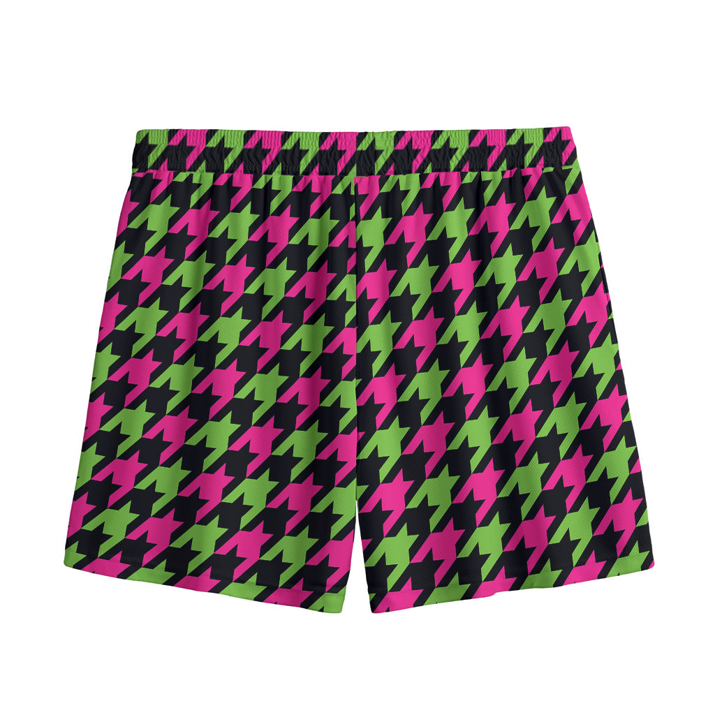 Pink And Green Houndstooth Pattern Print Mesh Shorts