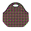 Pink And Green Houndstooth Pattern Print Neoprene Lunch Bag