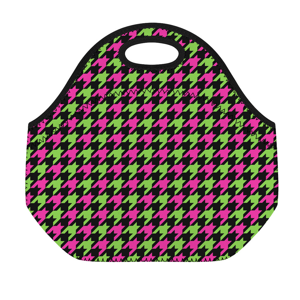 Pink And Green Houndstooth Pattern Print Neoprene Lunch Bag