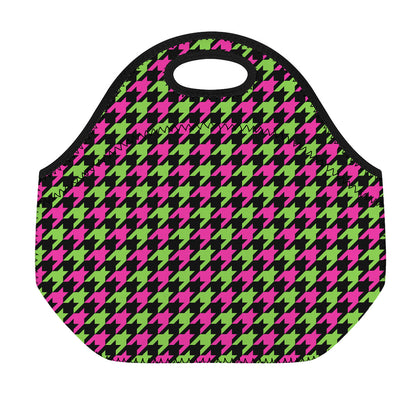 Pink And Green Houndstooth Pattern Print Neoprene Lunch Bag