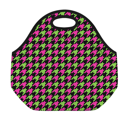 Pink And Green Houndstooth Pattern Print Neoprene Lunch Bag