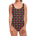 Pink And Green Houndstooth Pattern Print One Piece Swimsuit