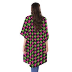 Pink And Green Houndstooth Pattern Print Open Front Beach Cover Up