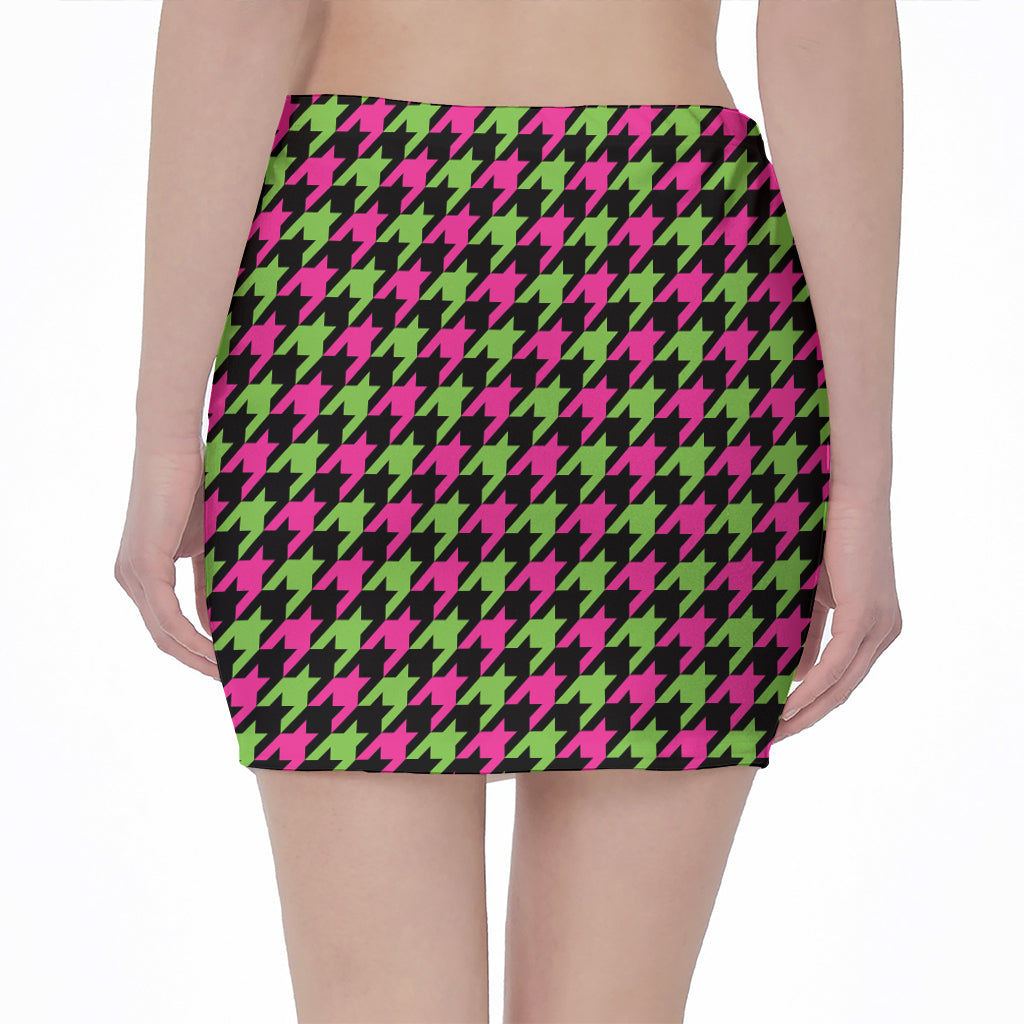 Pink And Green Houndstooth Pattern Print Pencil Mini Skirt