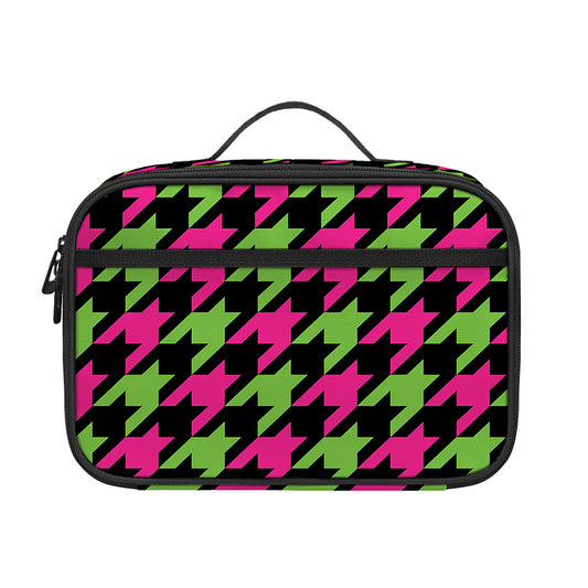 Pink And Green Houndstooth Pattern Print Portable Lunch Bag