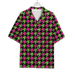 Pink And Green Houndstooth Pattern Print Rayon Hawaiian Shirt