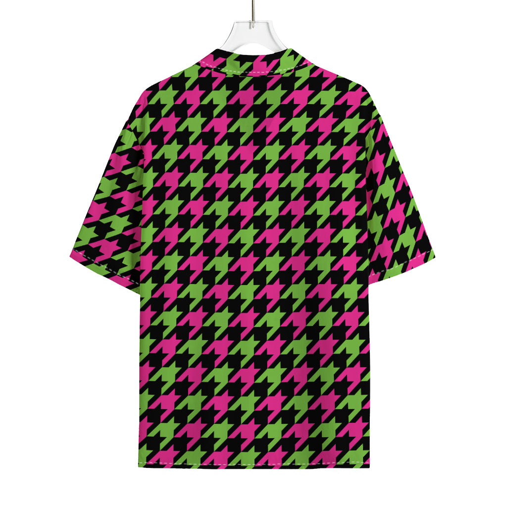 Pink And Green Houndstooth Pattern Print Rayon Hawaiian Shirt