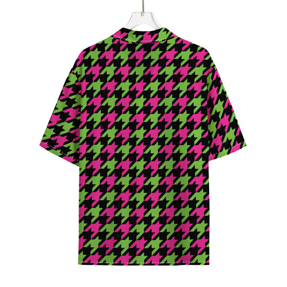 Pink And Green Houndstooth Pattern Print Rayon Hawaiian Shirt