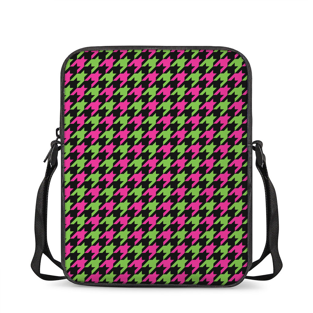 Pink And Green Houndstooth Pattern Print Rectangular Crossbody Bag