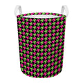 Pink And Green Houndstooth Pattern Print Round Laundry Basket