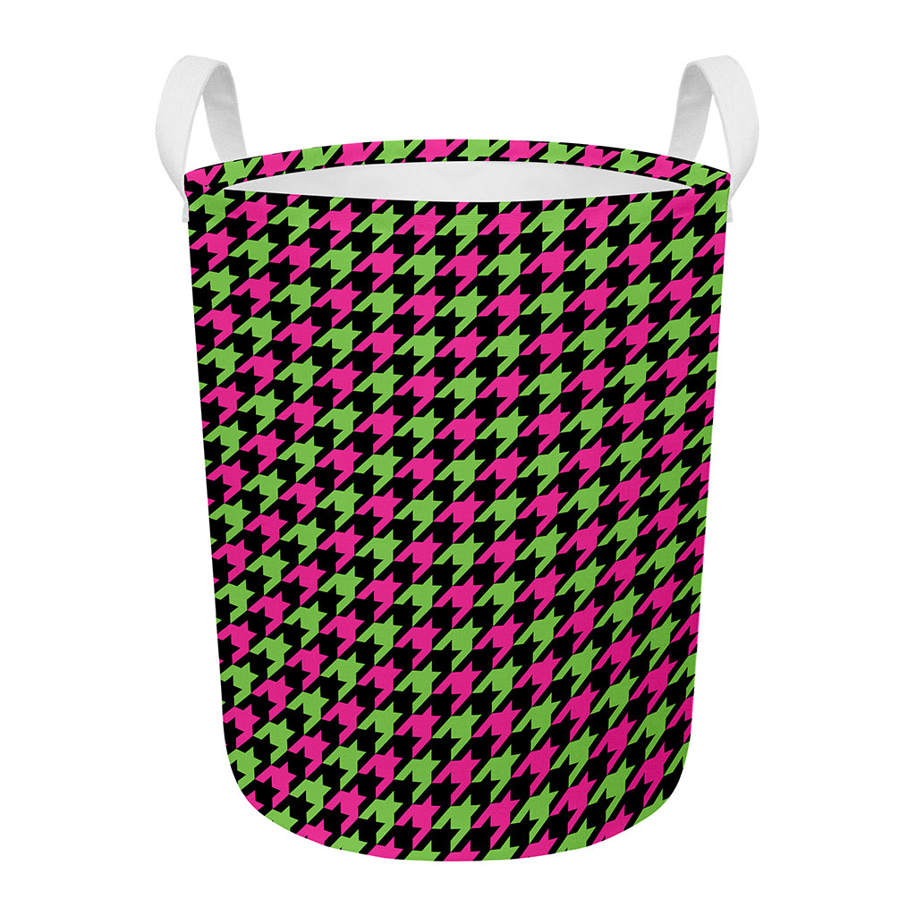 Pink And Green Houndstooth Pattern Print Round Laundry Basket
