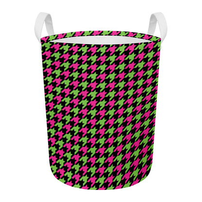 Pink And Green Houndstooth Pattern Print Round Laundry Basket