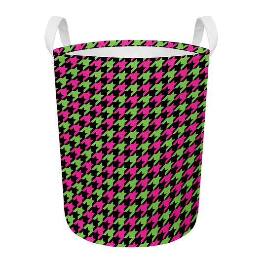 Pink And Green Houndstooth Pattern Print Round Laundry Basket