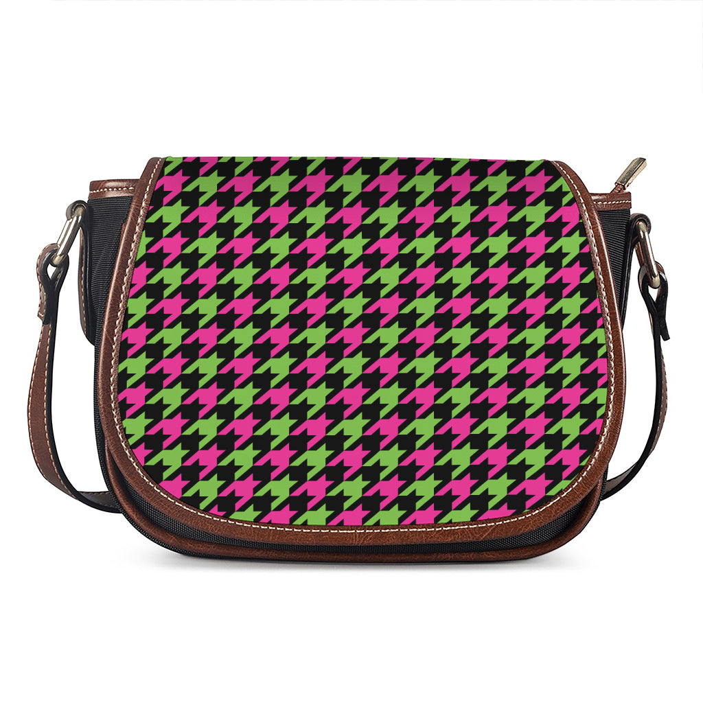 Pink And Green Houndstooth Pattern Print Saddle Bag