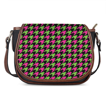 Pink And Green Houndstooth Pattern Print Saddle Bag