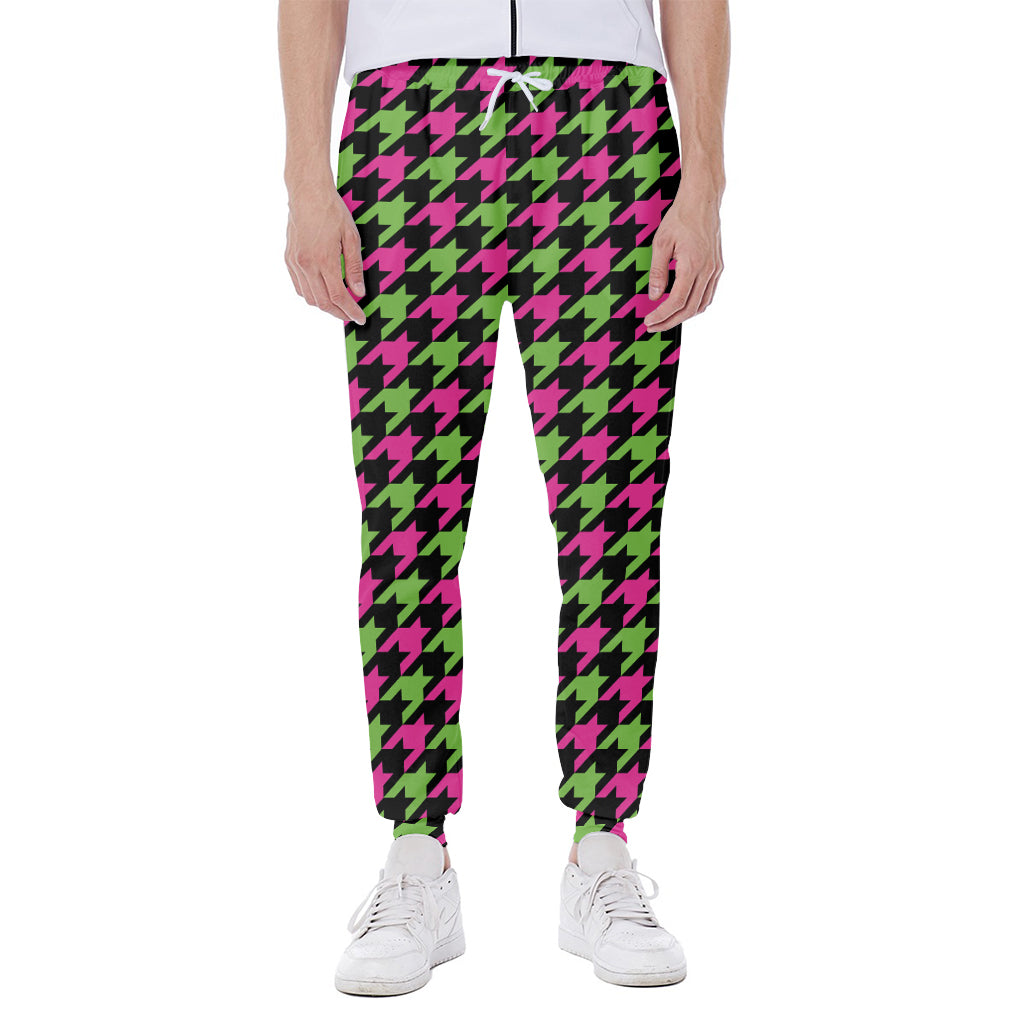 Pink And Green Houndstooth Pattern Print Scuba Joggers