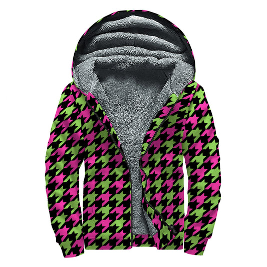 Pink And Green Houndstooth Pattern Print Sherpa Lined Zip Up Hoodie