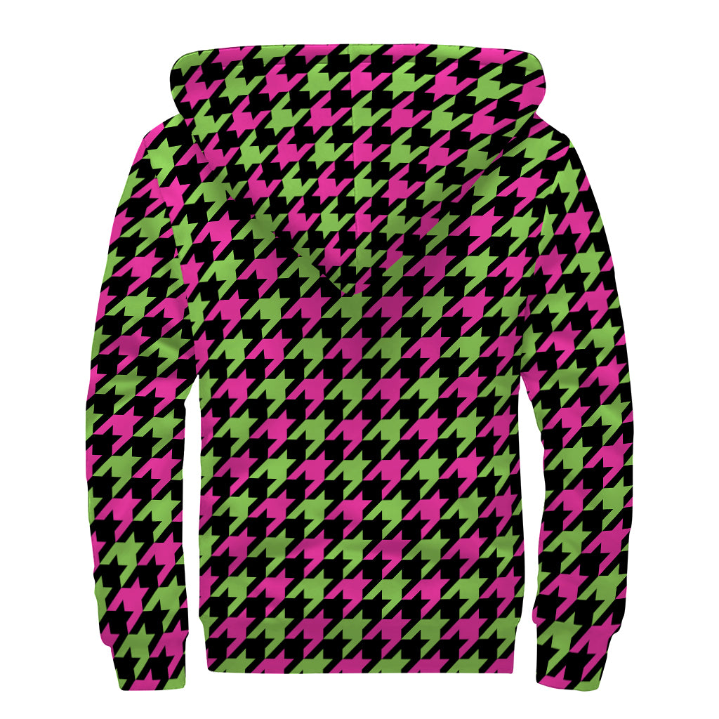 Pink And Green Houndstooth Pattern Print Sherpa Lined Zip Up Hoodie