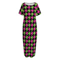 Pink And Green Houndstooth Pattern Print Short Sleeve Long Nightdress