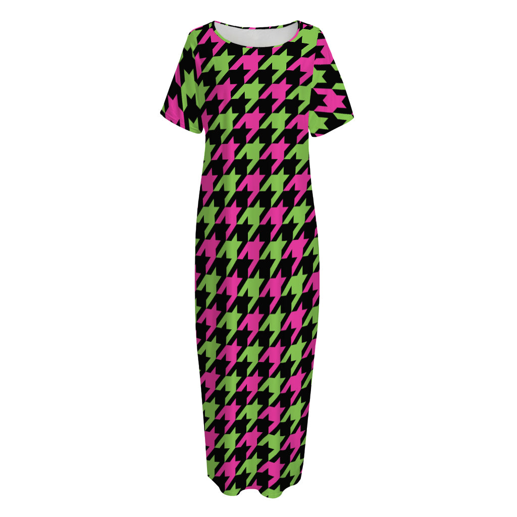 Pink And Green Houndstooth Pattern Print Short Sleeve Long Nightdress