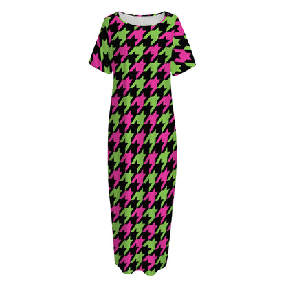 Pink And Green Houndstooth Pattern Print Short Sleeve Long Nightdress