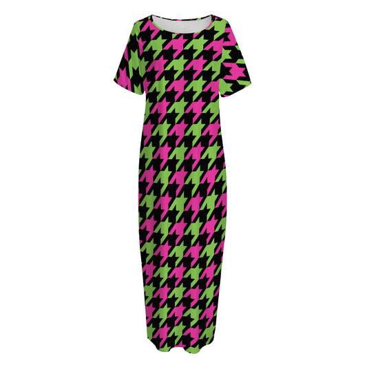 Pink And Green Houndstooth Pattern Print Short Sleeve Long Nightdress