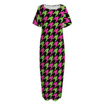 Pink And Green Houndstooth Pattern Print Short Sleeve Long Nightdress