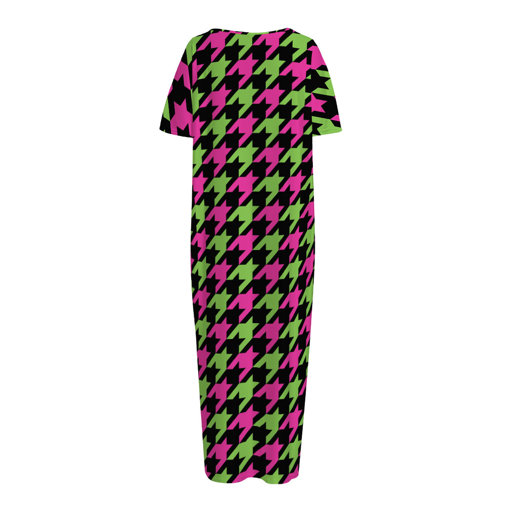 Pink And Green Houndstooth Pattern Print Short Sleeve Long Nightdress