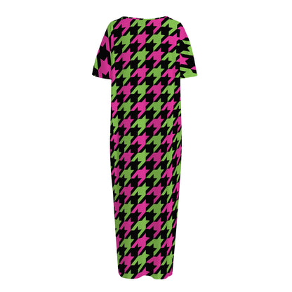 Pink And Green Houndstooth Pattern Print Short Sleeve Long Nightdress