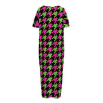 Pink And Green Houndstooth Pattern Print Short Sleeve Long Nightdress
