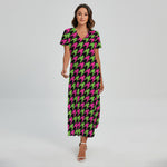 Pink And Green Houndstooth Pattern Print Short Sleeve Maxi Dress