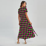 Pink And Green Houndstooth Pattern Print Short Sleeve Maxi Dress