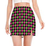 Pink And Green Houndstooth Pattern Print Side Slit Mini Skirt