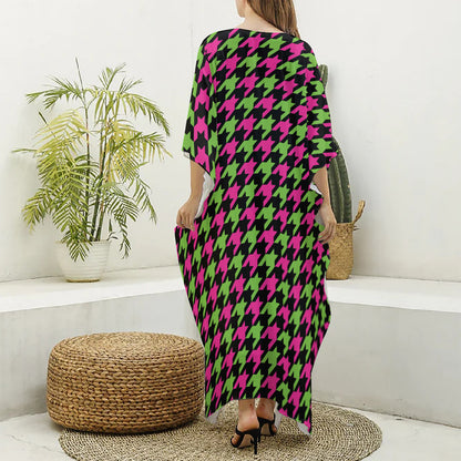 Pink And Green Houndstooth Pattern Print Silk V-Neck Kaftan Dress