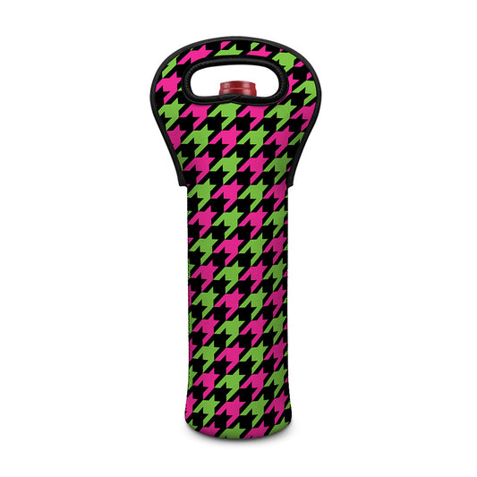 Pink And Green Houndstooth Pattern Print Single Neoprene Wine Tote