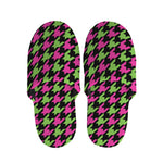 Pink And Green Houndstooth Pattern Print Slippers