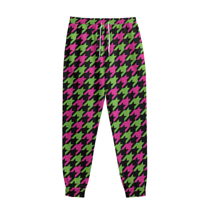 Pink And Green Houndstooth Pattern Print Sweatpants