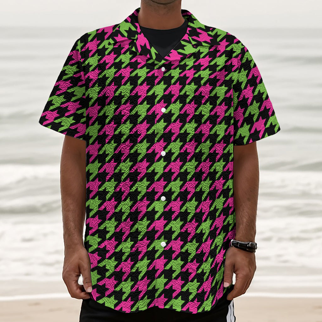 Pink And Green Houndstooth Pattern Print Textured Short Sleeve Shirt
