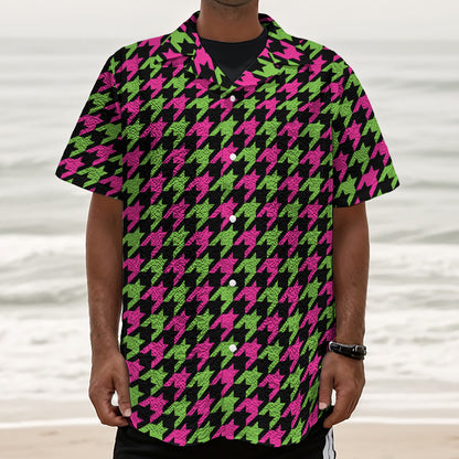 Pink And Green Houndstooth Pattern Print Textured Short Sleeve Shirt