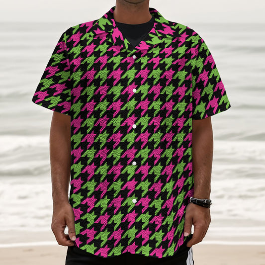 Pink And Green Houndstooth Pattern Print Textured Short Sleeve Shirt