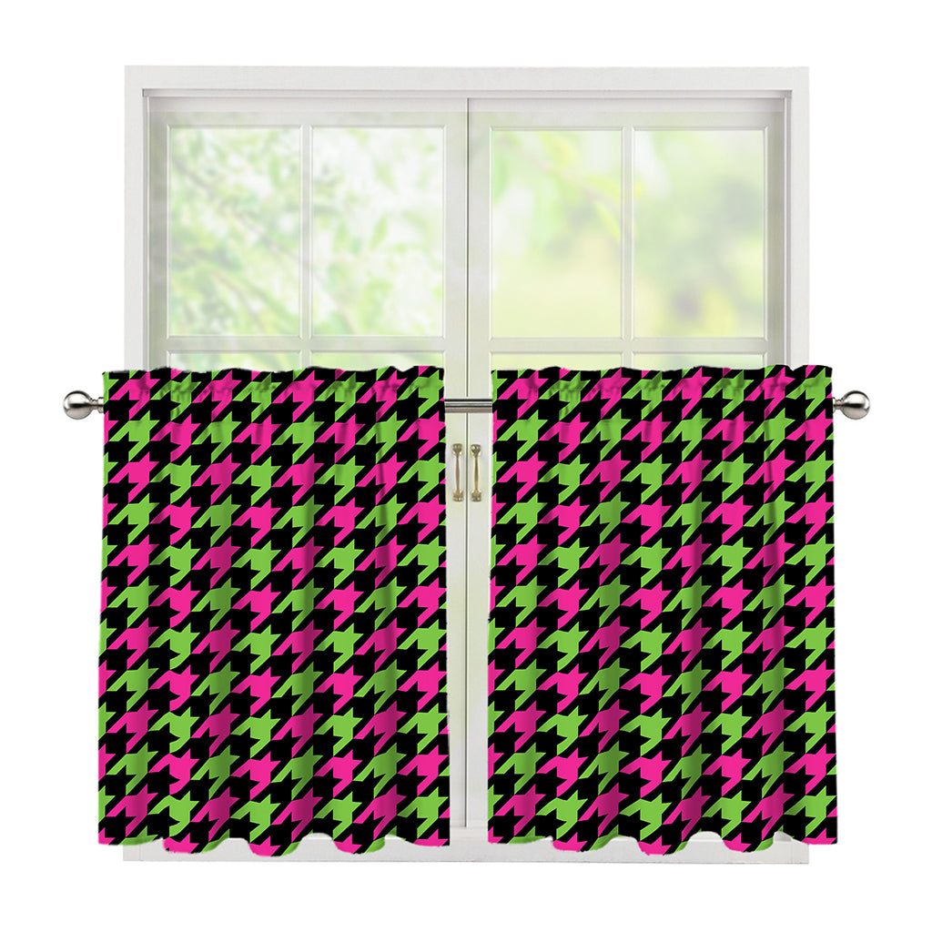 Pink And Green Houndstooth Pattern Print Tier Curtains