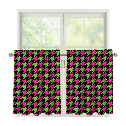 Pink And Green Houndstooth Pattern Print Tier Curtains