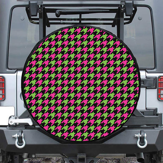 Pink And Green Houndstooth Pattern Print Tire Cover