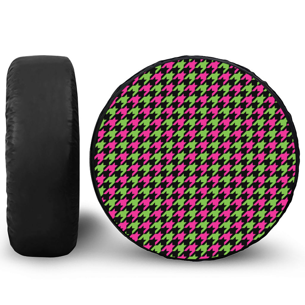 Pink And Green Houndstooth Pattern Print Tire Cover