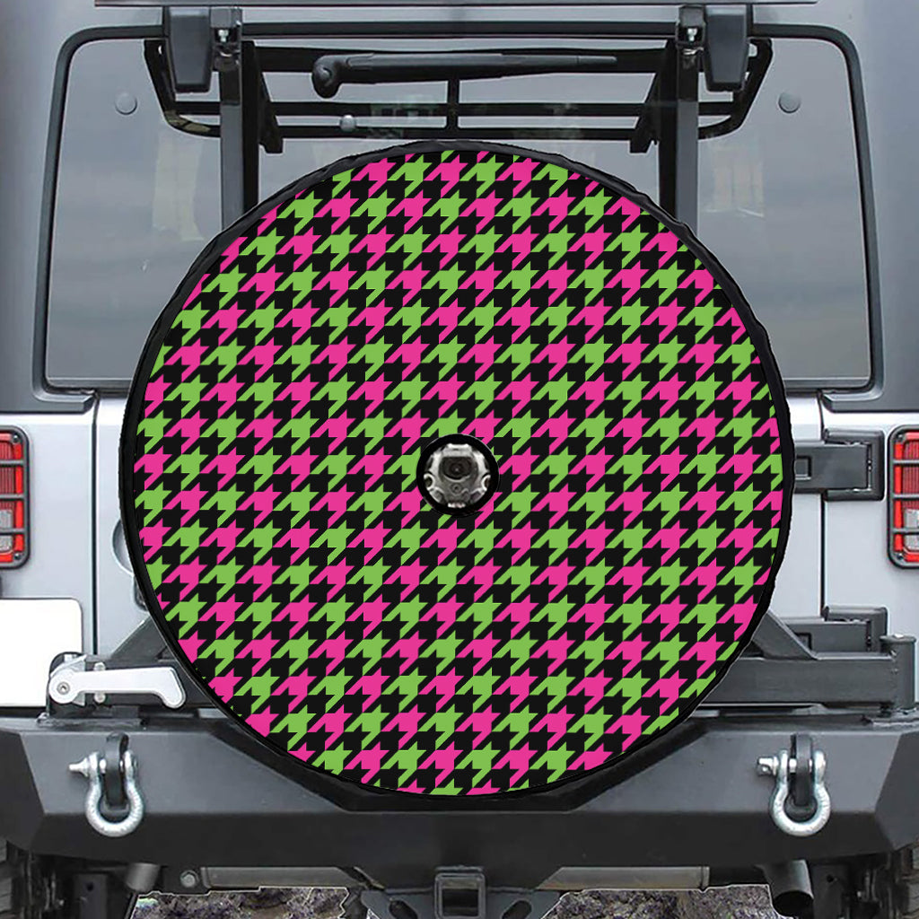 Pink And Green Houndstooth Pattern Print Tire Cover With Camera Hole