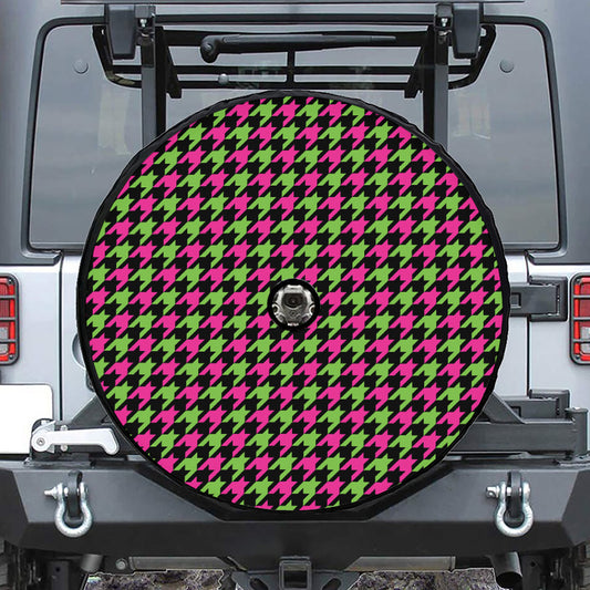 Pink And Green Houndstooth Pattern Print Tire Cover With Camera Hole