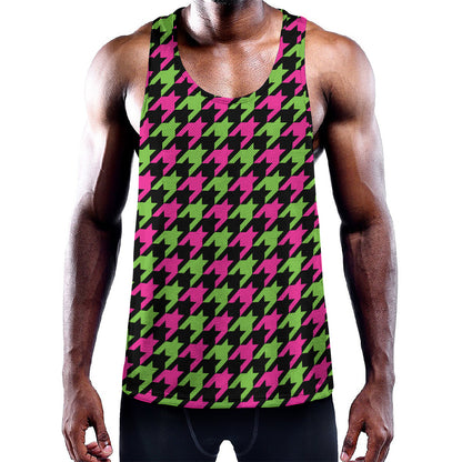 Pink And Green Houndstooth Pattern Print Training Tank Top