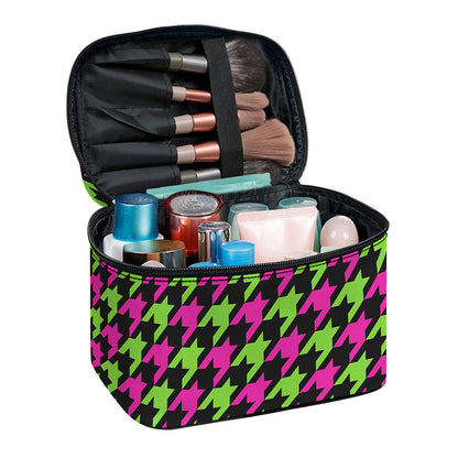 Pink And Green Houndstooth Pattern Print Travel Makeup Bag