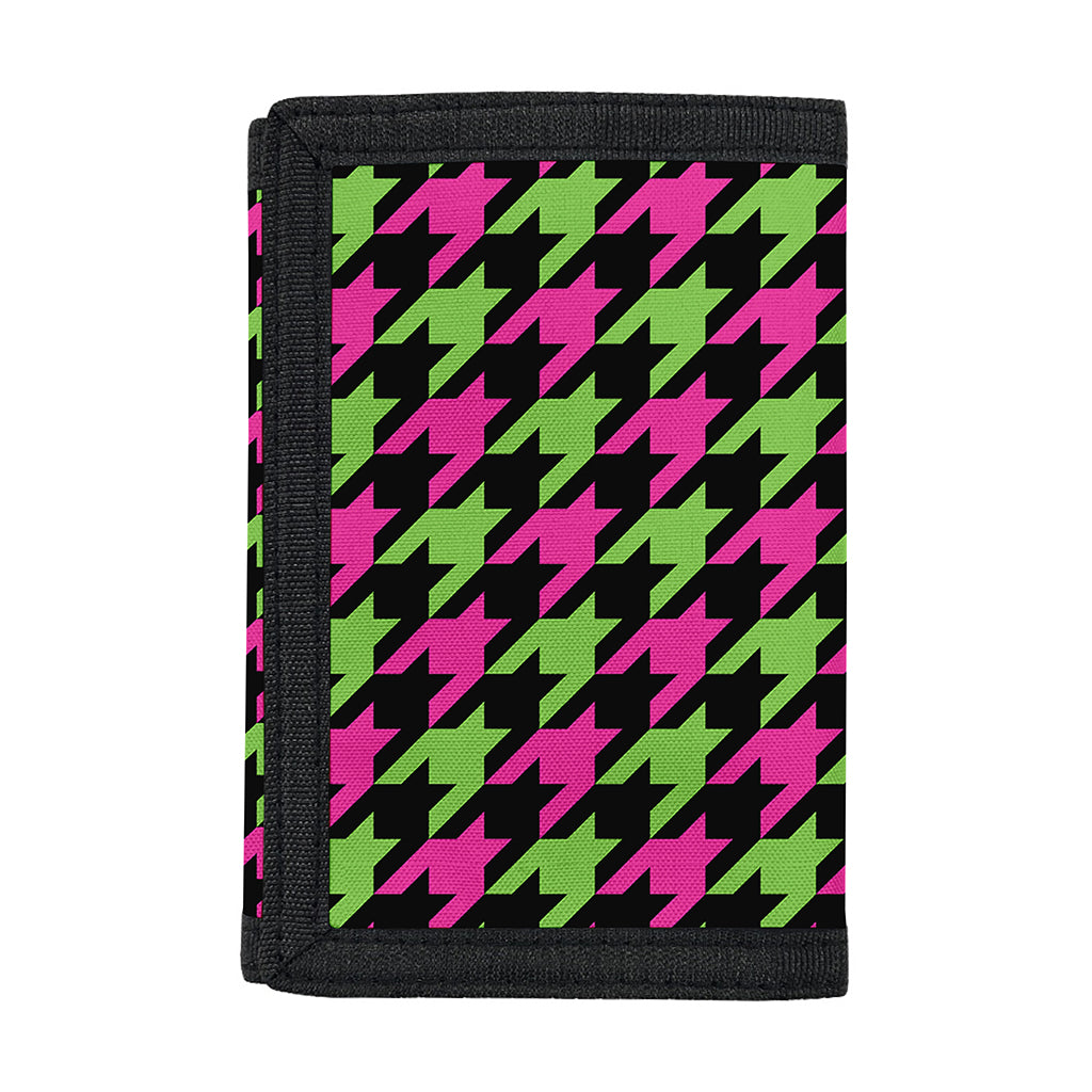 Pink And Green Houndstooth Pattern Print Trifold Wallet